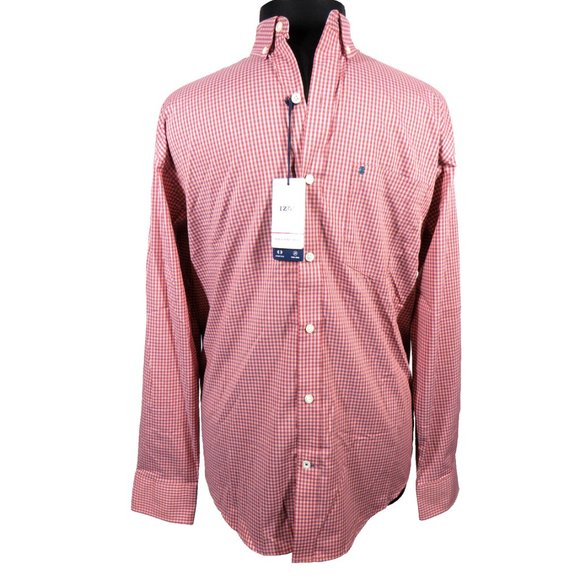 Izod Sportflex Men's Size M Red Blue Gingham Check Non-Iron Long Sleeve Shirt - Picture 10 of 11